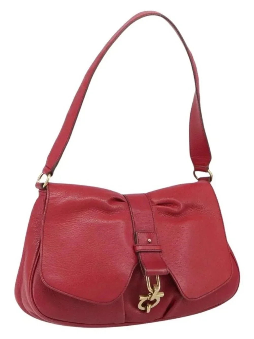Salvatore Ferragamo Gancini Shoulder Bag Leather Red Gold Auth 166427